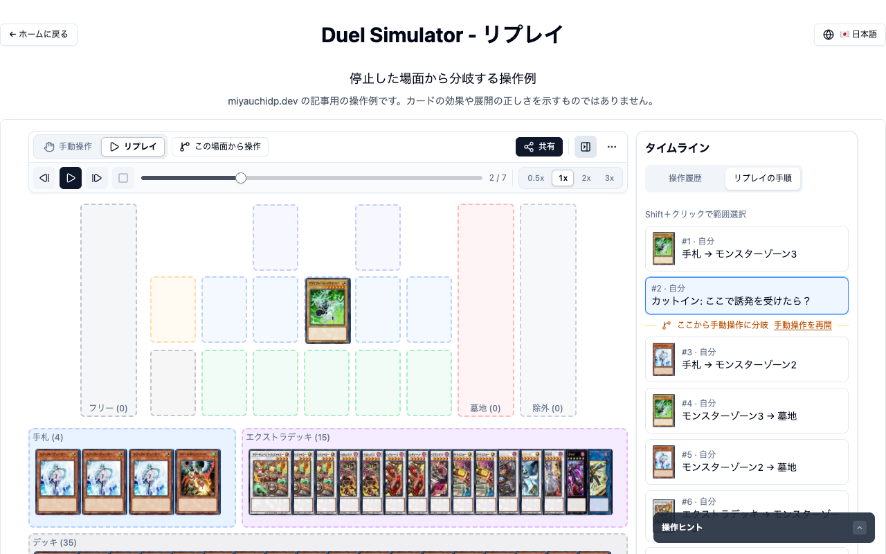 リプレイに戻ったあとの画面。再生バーは2/7で、盤面はカットインの場面に戻っている。タイムラインのリプレイの手順で、2番目のカットインのあとに「ここから手動操作に分岐」と「手動操作を再開」のリンクが表示されている