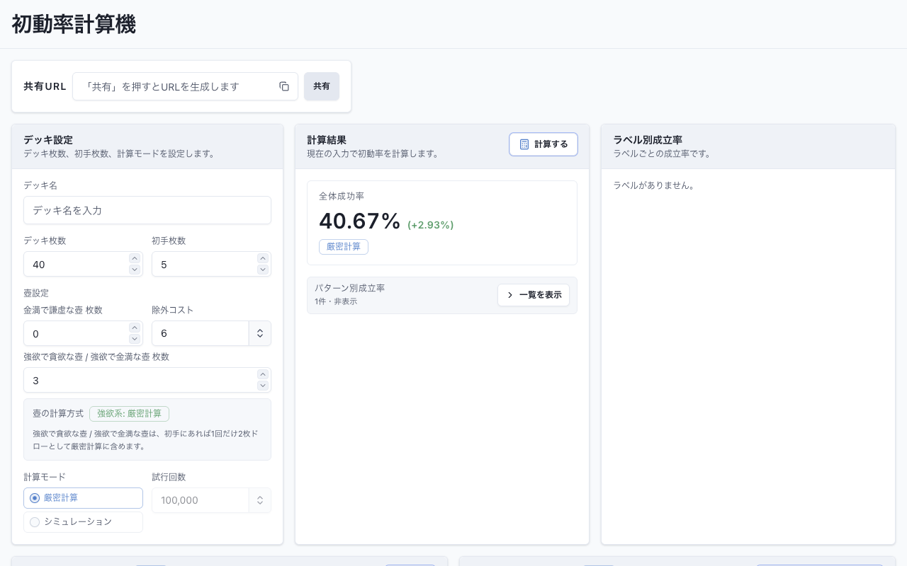 成金ゴブリン3枚を追加して再計算した結果。全体成功率40.67%と、直前の計算との差分+2.93%が緑色で表示されている。壺設定の強欲系3枚の入力もそのまま残っている