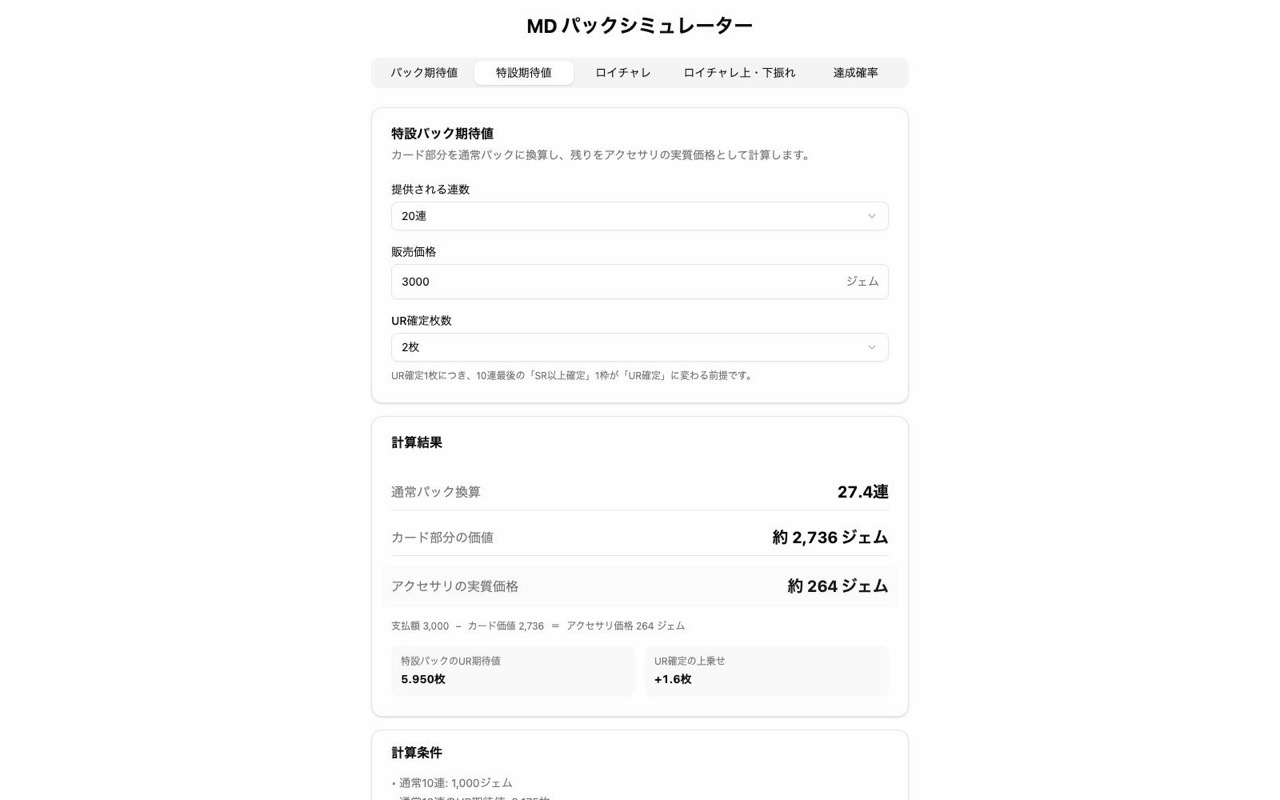 MD パックシミュレーターの特設パック期待値画面。パック数、販売価格、UR確定枚数からカード部分とアクセサリの価値を計算できる