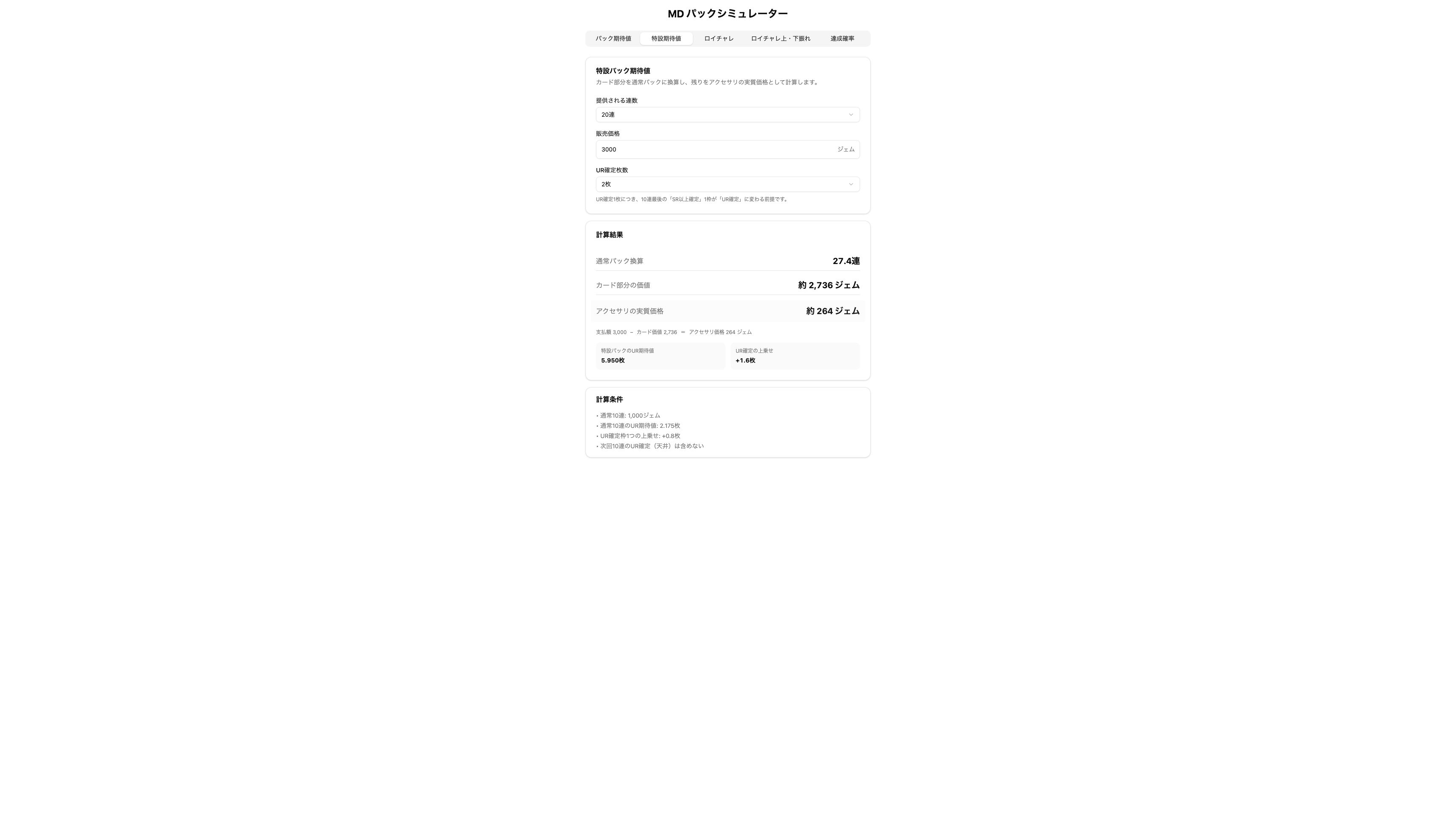 MD パックシミュレーターの特設パック期待値画面。20連、3,000ジェム、UR確定2枚の入力に対して、通常パック換算27.4連、カード部分約2,736ジェム、アクセサリ約264ジェムと表示されている